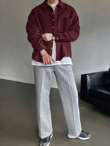DAZY Áo sơ mi nam tay dài cổ bẻ cài nút phía trước màu trơn đơn giản, trang phục mùa thu, trang phục trở lại trường - Màu Đỏ Sâu - Xem 4