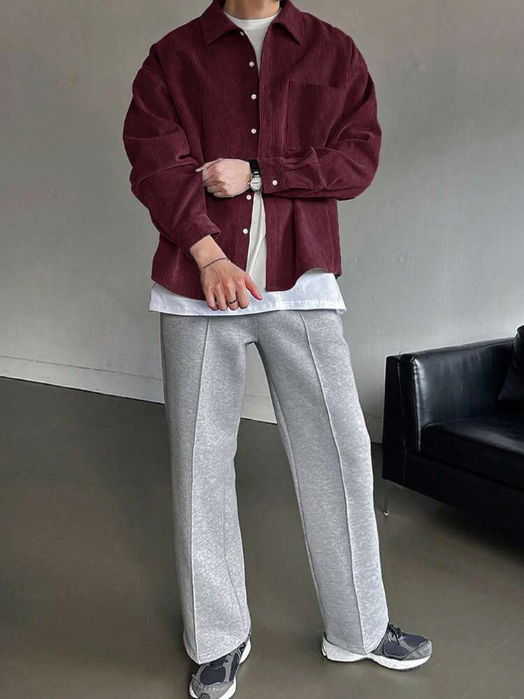 Men's Solid Color Turndown Collar Front Button Long Sleeve Minimalist Casual Shirt,Fall Clothes,Back To School Clothes