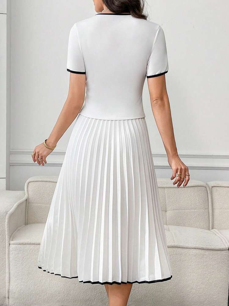 Women's Contrast Color Minimalist Daily Short Sleeve Top And Skirt 2 Pieces Set