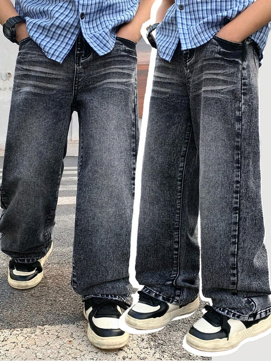 SHEIN 青少年男孩时尚休闲复古酷炫街头牛仔宽松舒适直筒牛仔裤，适合日常穿着，也适合春夏锐舞音乐节和街头潮流，2026春夏新款 - 黑色 - 查看 1