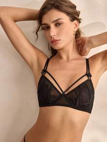 Charlaine Black Lace Patchwork Sheer Underwire Romantic French Style Elegant Refined Ladies Bra - Black - View 3