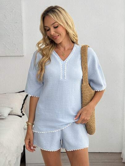 Louniche 2026 Standard Size Women's Summer 2 Pieces Set, Blue Linen-Like Wavy Ribbon Trim Decoration, Short Front Long Back Split Design Loose Casual Vacation Home Shorts & Shirt Set