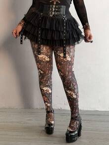 SHEIN CURVE+ Mesh Sheer Printed Elegant Retro Punk Goth Grunge Casual Cool Tights, Plus Size Women Leggings - Multicolor - View 7