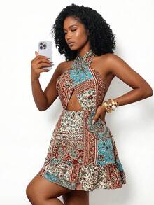 BamGleam Beige Summer Boho Vacation Holiday Women's Long Dress,Halter Neck Criss-Cross Tie Bohemian Style Beach Casual Digital Print Multi-Color Long Dress - Multicolor - View 6