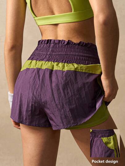 VARSITIE Summer Women's Sports Shorts, Women's Joggers, Beach Shorts For Women, Casual Shorts For Women, Green Color-Blocked Active Shorts. Suitable For Professional Fitness Activities, Tennis, Pilates, Yoga, Running, And Everyday Wear, Suitable For Spring, Summer, Autumn And Winter.