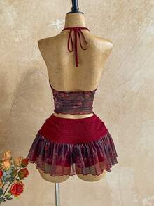 Soleia Set Atasan Halter Berpotongan Motif Kacang Mete dan Rok Mini untuk Liburan Wanita - Burgundy - View 2