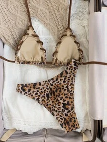 Oceva Bộ bikini hai mảnh họa tiết da báo, dây buộc cổ dành cho nữ - Nhiều màu - Xem 2
