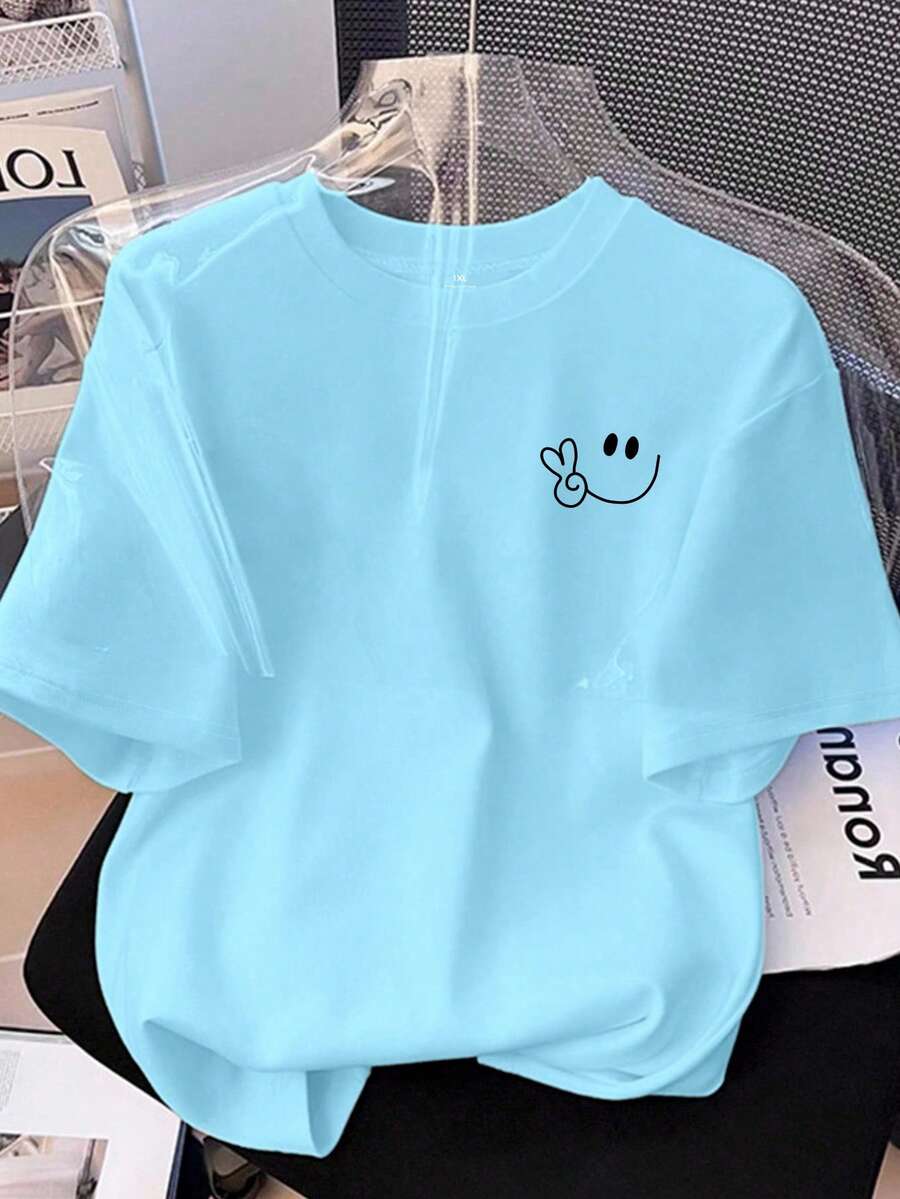EMERY ROSE Camiseta de manga corta con estampado de cara sonriente para mujer talla grande, perfecta para el verano. - Azul - Ver 1