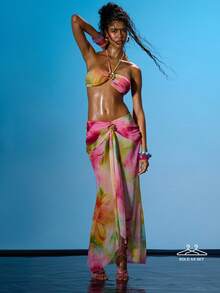 MUSERA Halterneck Tie Up Gold Trim Bralette With Dipped Ruched Draped Waist Maxi Skirt Coord Sold As Set Summer Sexy Going Out Beach Holiday Ibiza Club Tropical Fever - Multicolor - View 1