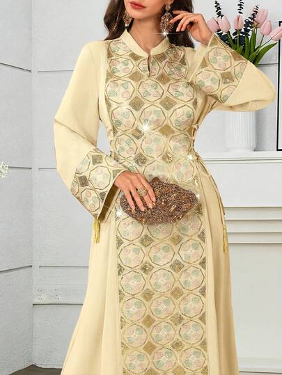 Al Najma Elegant Sequin Embroidered Side Tie Waist Flare Sleeve Dress
