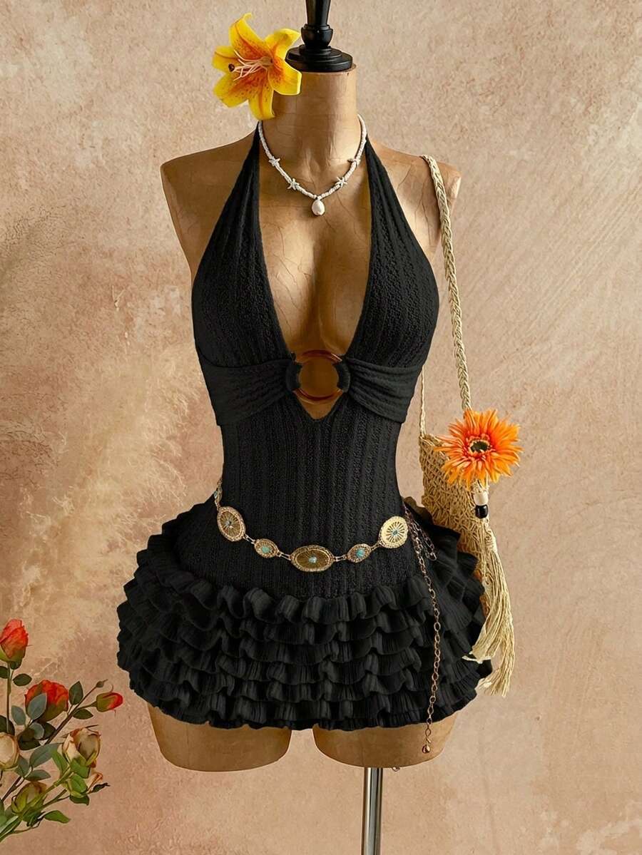 Soleia 女士白色露背迷你蛋糕裙，适合度假 - 黑色 - 查看 1