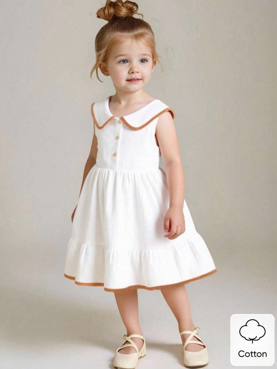 SHEIN Đầm trắng không tay có cổ cho bé gái, kiểu dáng đơn giản, dễ thương, mềm mại, thích hợp mặc ở vùng quê, đầm mùa hè 100% cotton cho bé gái. - trắng - Xem 1