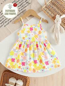 SHEIN Playful Pals Baby Girls Colorful Ditsy Floral Spaghetti Strap Dress, Easy To Wear, Vibrant Colors, Comfortable Squishy Fabric, Suitable For Summer - White - View 6