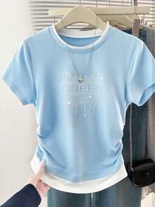 Resyla Women's Casual 2 In 1 Short Sleeve Ruched T-Shirt, Summer - Baby Blue - View 3