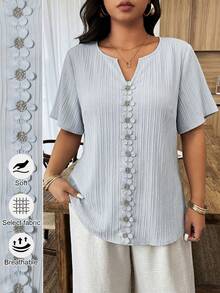Weeklong Plus Size Women's Floral Patchwork Ruffle Trim Loose Short Sleeve Blouse, Spring/Summer - Baby Blue - View 1