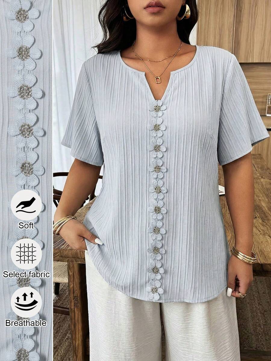 Weeklong Plus Size Women's Floral Patchwork Ruffle Trim Loose Short Sleeve Blouse, Spring/Summer - Baby Blue - View 1