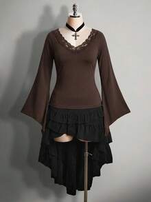 SHEIN ICON 大码女式V领蕾丝拼接喇叭袖T恤 - 棕色 - 查看 3