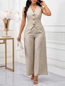 SHEIN Lady Bộ đồ thời trang nữ thường ngày, họa tiết kẻ sọc, khóa kim loại, kiểu áo yếm hở phía trước và quần ống rộng, gồm 2 món. - Nhiều màu - Xem 1