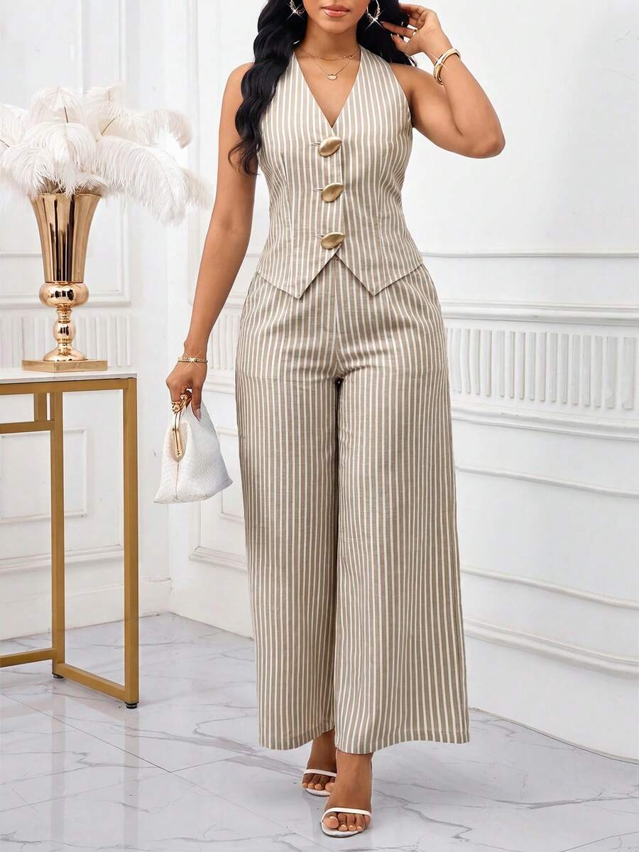 SHEIN Lady Bộ đồ thời trang nữ thường ngày, họa tiết kẻ sọc, khóa kim loại, kiểu áo yếm hở phía trước và quần ống rộng, gồm 2 món. - Nhiều màu - Xem 1