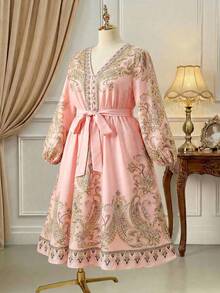 Rometta 大码女式局部印花优雅灯笼袖 V 领修腰 A 字形连衣裙 - 粉色 - 查看 4