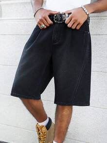 Manfinity EMRG 男士街头时尚奢华通勤折叠设计黑色牛仔短裤 - 黑色 - 查看 8