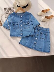 GlowEve Bộ đồ denim đính hạt mùa hè dành cho nữ - Rửa trung bình - Xem 2