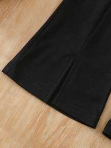 Young Girl Contrast Color Ruffle Trim Top And Solid Color Flare Pants Elegant 2 Pieces Set - Black and White - View 7