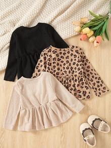 SHEIN paquete de 3 blusas de manga larga con cuello redondo, bajo con volantes, bordado de gato, estampado leopardo y unicolor, de tela cómoda de punto acanalado, para niñas bebé, adecuado para primavera y otoño, uso diario y exterior - Multicolor - Ver 3