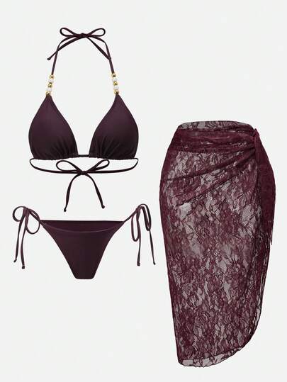 Swim Oasis بيكيني مجموعة ملابس سباحة نسائية صيفية بلون أحادي مع ربطة عنق جذابة