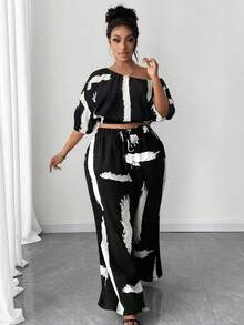 Maweii Conjunto de 2 piezas con estampado, manga corta y cuello asimétrico, talla grande, para verano - Blanco y Negro - Ver 3
