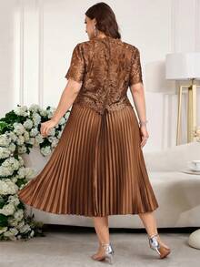 Reflora Vestido elegante de talla grande para mujer con parches, bordados y malla, con dobladillo plisado - Óxido marrón - Ver 13