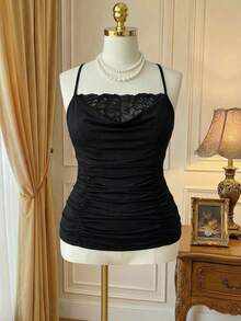 Rometta Plus Size Lace Patchwork V-neck Camisole Top - Black - View 3