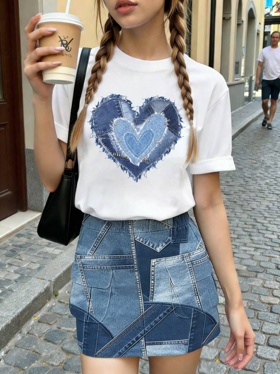 2 pièces/Set Robe de mode décontractée pour filles Printemps/Été, manches courtes, motif cœur, T-shirt à col rond manches courtes avec jupe cargo, T-shirt à col rond manches courtes doux et confortable avec leggings, convient pour le décontracté Printemps/Été, la mode de rue, le pique-nique en plein air, l'école, les fêtes, les cadeaux - Multicolore - Voir 1