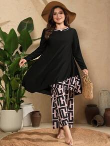 SHEIN Swim Set Pakaian Renang Burkini Wanita Ukuran Besar untuk Musim Panas di Pantai: Atasan Panjang Leher Bulat dan Celana Panjang Motif Geometris - Hitam - View 1