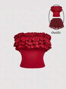 SHEIN MOD 女士红色荷叶边抹胸上衣 - 紅色 - 查看 1