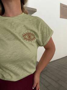 Jeta Ari 100% Cotton T-Shirt With Symbolic Eye Pattern Embroidery, Essential, Summer, Wedding Season Essential, Cottagecore Embroidery Tee, Short Sleeve T-Shirt, Effortless Chic Casual Style - Army Green - View 3