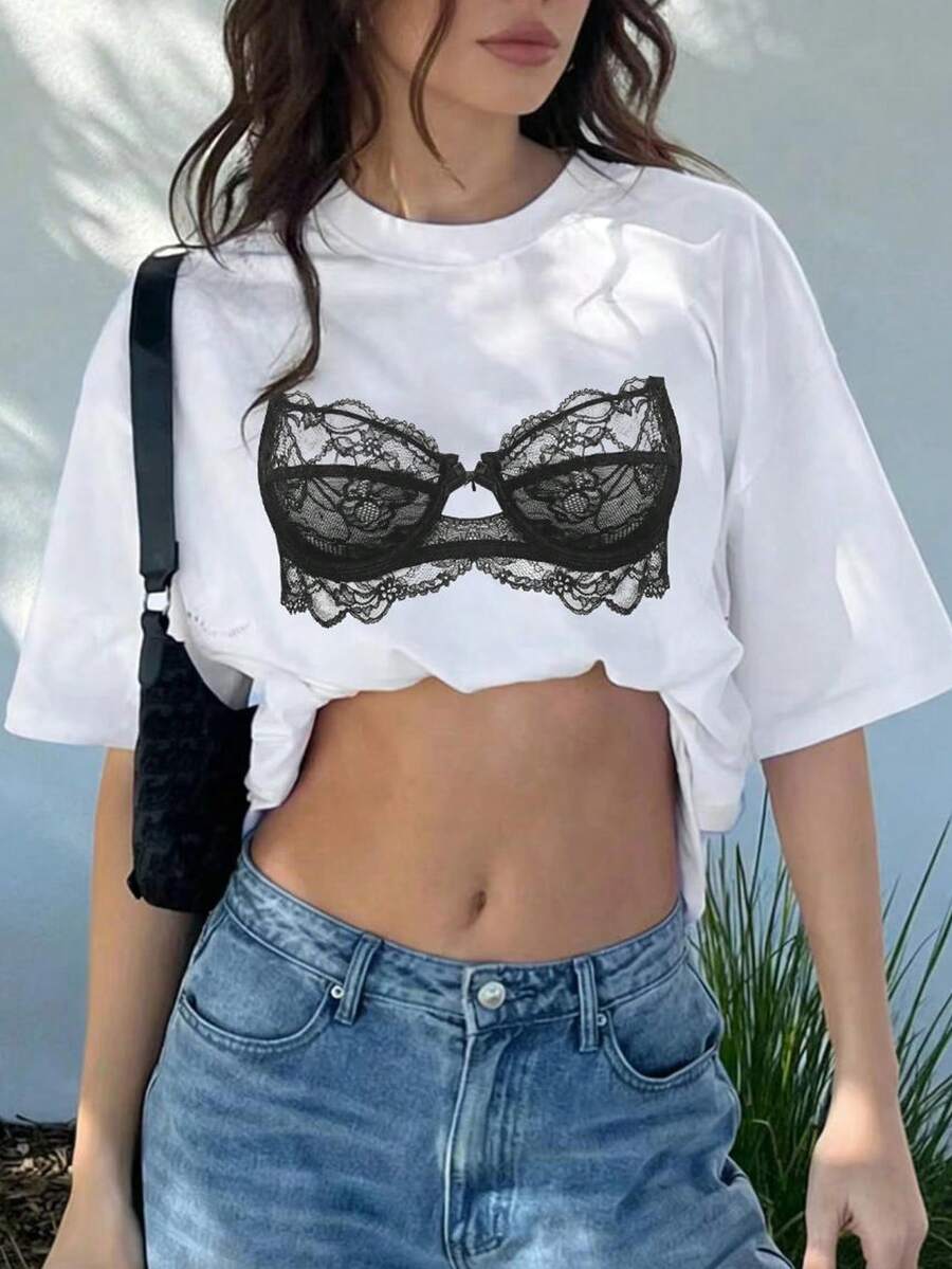 INAWLY 女士蕾丝印花圆领宽松休闲短袖T恤 - 白色 - 查看 1