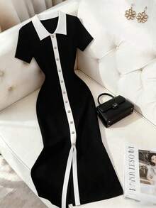 Franclia New Fashionable Elegant Polo Collar Short Sleeve Waist Cinching Bodycon Dress - Black - View 1