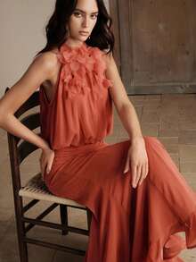 Anewsta Spring/Summer New Holiday Party Halter Sleeveless Detachable Floral Decor Waist Splice Ruffle Hem Romantic Elegant Maxi Dress For Women - Coral Orange - View 6