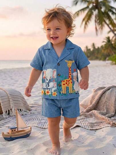 2pcs Infant Toddler Baby Boys' Casual Cartoon Animal Print Short Sleeve Shorts Set, Suitable For Outings, Leisure At Home, And Party Attendance Baby Boy Cute Casual Knitted Top And Short Set Summer Basic Multi Pack Toddler Boy Cartoon Sets Baby Boy Set Summer Baby Clothes Toddler Co Ord