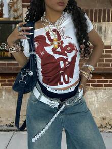 Rovax Camiseta asimétrica de mujer con estampado de letras, versátil para uso diario - Multicolor - Ver 5