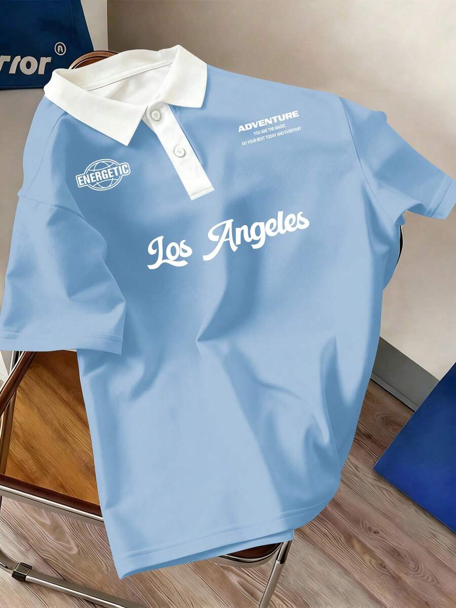 Manfinity Joysei Men's Letter Print Casual Versatile Commuting Short Sleeve Polo Shirt - Baby Blue - View 1