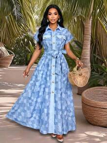 SHEIN Lady 女士格子打结褶皱腰身优雅束腰连衣裙，适合派对穿着 - 藍色 - 查看 11