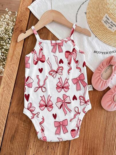 LMoss Kids Pink Cute Bow Heart Print Baby Girl Casual Bodysuit, Suitable For Spring & Summer