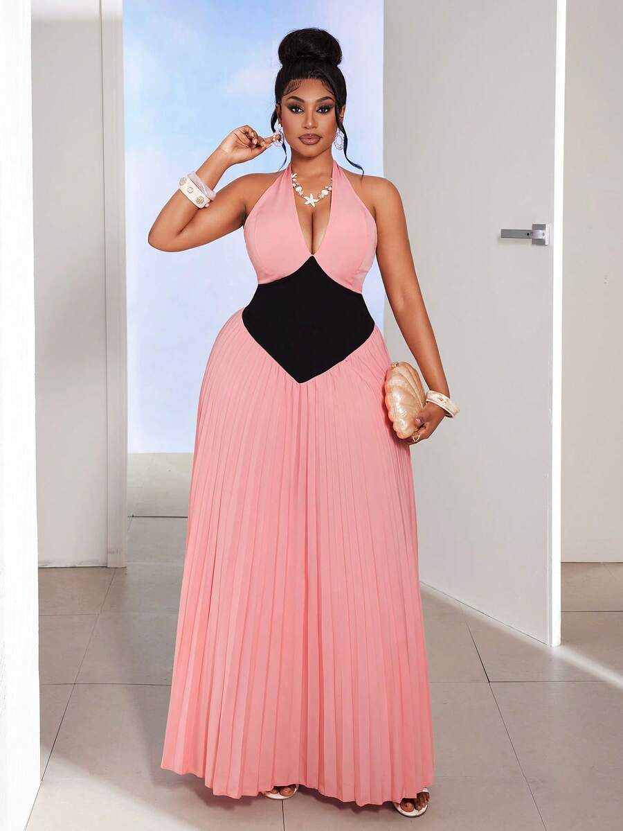 Maweii 大码女士夏季新款V领长裙，粉黑撞色设计，收腰显瘦，褶皱喇叭裙摆，优雅鸡尾酒会礼服，适合晚宴/婚礼/约会 - 彩色 - 查看 1