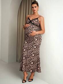 MaterniChic 豹纹鱼尾下摆修身孕妇吊带裙 - 棕色 - 查看 7