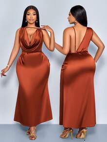 SOLERSUN Vestido largo de satén marrón elegante para mujer de talla grande, sin mangas y sin espalda, con cola de cadera, para invitada de boda, cóctel, fiesta y festival de música - Marrón - Ver 2