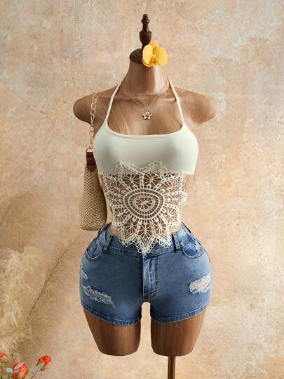 Mistrie 2026 Ms. Summer Sexy Neckline Blouse, With Sexy Back Straps And Backless Design, Bold Color, Y2K Revival |, Sweet Spicy Style, Halter Top, Vacation Look, Festival Outfit, Teen Girl, Young Adult, 2026 Fashion , Lightweight Fabric, Bohemian Totem Design, Suitable For Miami Beach Vacation