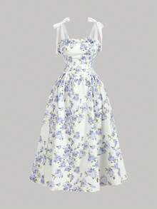 SHEIN MOD Große Größen Blaues Blume Muster Romantisches Langes Kleid mit Schleife - Garten Teefeier, Date, Party, Damen Sommer und Frühlings Kleid, Strandmode, Frühlingsferien, Urlaub, Picknick, Festival, Geburtstags Outfit. Weiß Lila Blume Muster Midi Kleid Schleife Träger Romantische Rüschen Kragen Künstlerisches Muster Leicht Fließend Silhouette Elegant Weiche Haptik Geraffter Taille Vintage Inspiriert A-Linie Rock Sommer Stil Feminin Ärmellos Pastelldesign Zarte Strukturierte Textur, Sommer Urlaubsoutfits - Blau-Weiß - Übersicht 7