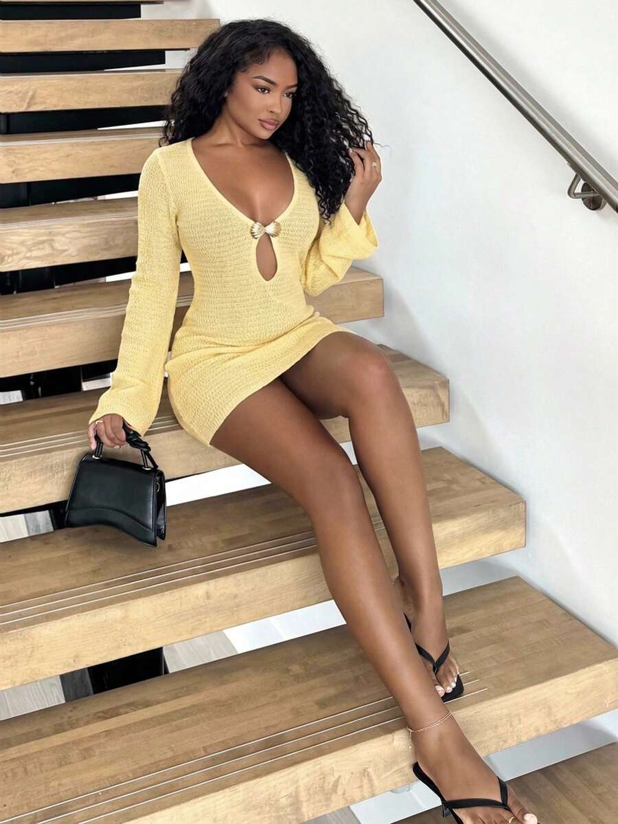 Alexandranx CUT OUT METAL DECOR COVER UP DRESS FOR SUMMER BEACH VACATION - Yellow - View 1